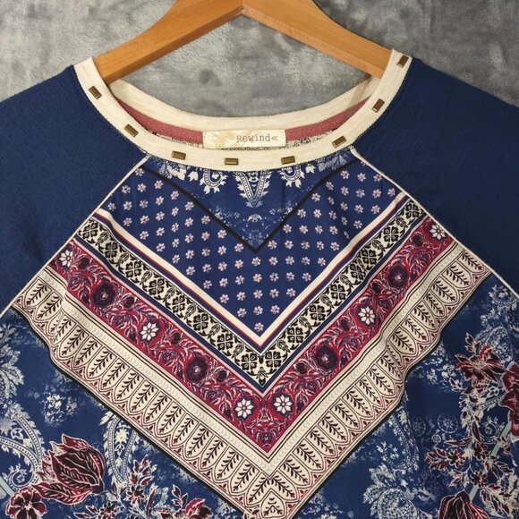 Women's XS Boho Patchwork Blue Print Lace Back Raglan Top 3/4 Sleeve Blouse - Picture 7 of 9